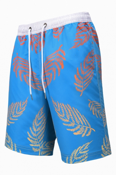 Mens Summer Blue Leaf Print Drawstring Swim Trunks with Liner
