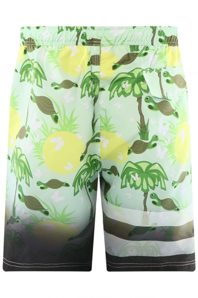 New Fashion Cute Cartoon Turtle Print Men's Cyan Beach Swimwear Swim Trunks with Lining