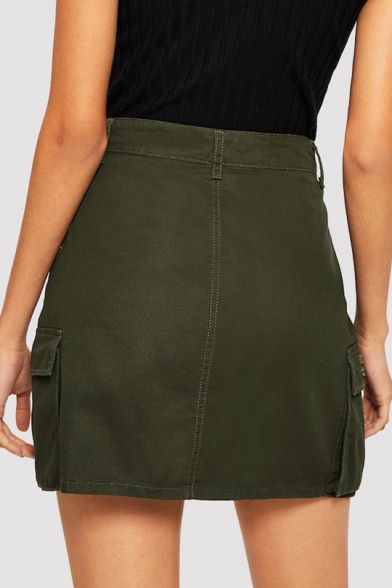 New Fashion Distressed Ripped Flap Pocket Side Army Green Mini A-line Denim Skirt