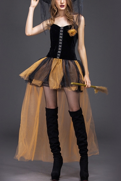 New Fashion Womens Halloween Witch Cosplay Costume Black Corset Top Yellow Mini Mesh Dress