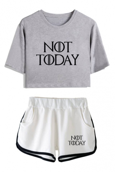 New Popular Letter NOT TODAY Cropped Short Sleeve Tee Sport Shorts Summer Two-Piece Set