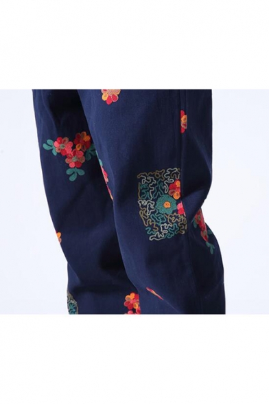 Retro Flower Blue Drawstring Hallen Trousers for Men