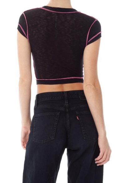 New Stylish Contrast Trim Round Neck Button Front Cropped Tee