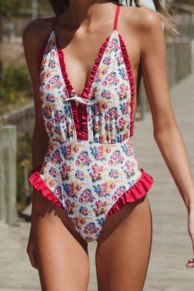 New Stylish Floral Printed Chic Ruffled Hem Plunged Neck Red One Piece Swimsuit Swimwear