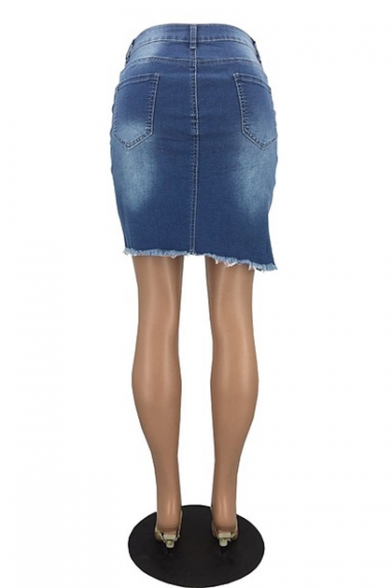 New Trendy Blue Distressed Ripped Raw Hem Mini Bodycon Asymmetrical Denim Skirt