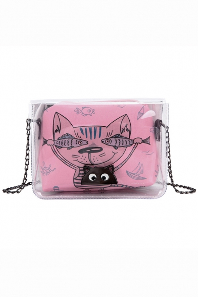 New Trendy Cartoon Cat Printed Transparent Crossbody Shoulder Bag 20*8*14 CM
