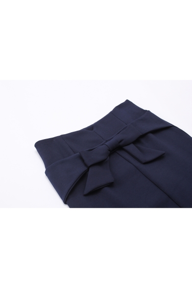 Office Lady Simple Solid Color Bow-Tied Waist Split Front Pencil Skirt