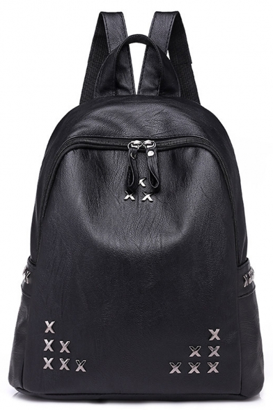 Simple Fashion Plain Rivet Embellishment PU Leather Zipper Backpack 30*10*33 CM