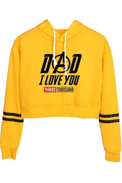 Stylish Letter DAD I LOVE YOU THREE THOUSAND Print Striped Long Sleeve Pullover Cropped Hoodie
