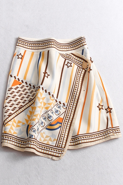 Stylish Retro Striped Printed Women's High Rise Mini A-Line Asymmetrical Skirt