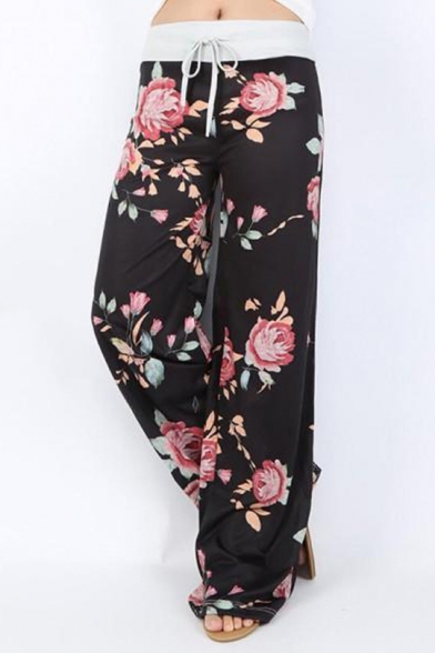 Summer Chic Floral Pattern Drawstring Waist Casual Wide Leg Lounge Pants for Women