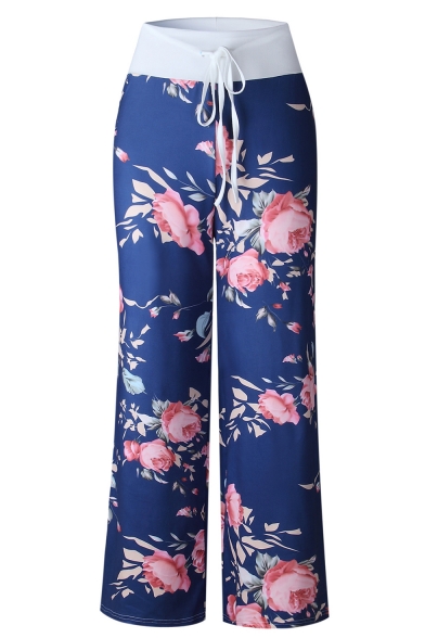 Summer Chic Floral Pattern Drawstring Waist Casual Wide Leg Lounge Pants for Women