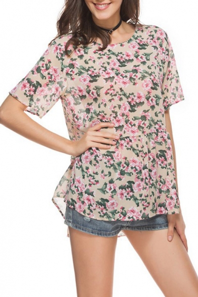 Summer Chic Floral Printed Round Neck Short Sleeve Loose Fit T-Shirt