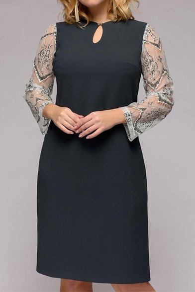 Summer Elegant Solid Color Mesh Patched Long Sleeve Cut Out Round Neck Midi Grey Dress for Women