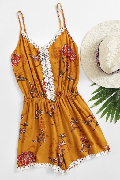 Summer Fancy Yellow Floral Printed Lace-Trim Spaghetti Straps Loose Casual Rompers