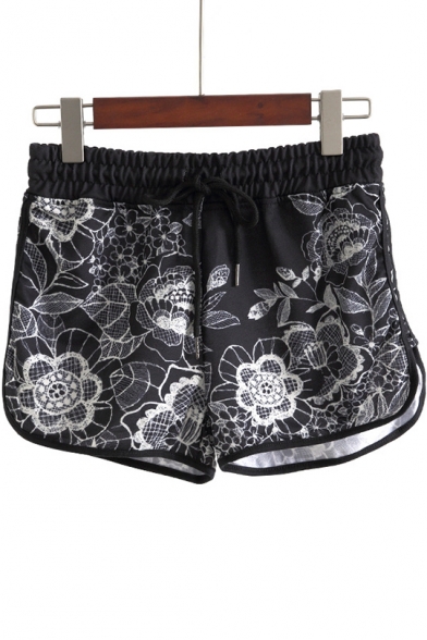 Summer Fashion Floral Printed Drawstring Waist Beach Shorts Dolphin Shorts