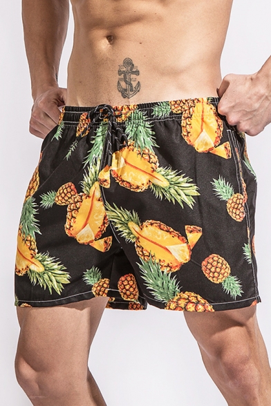 Summer Fashion Pineapple Printed Black Casual Loose Quick Dry Swim Shorts