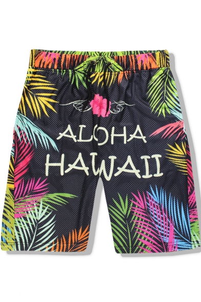 Summer Hawaii Tropical Plants Printed Drawstring Waist Black Beach Shorts Swim Trunks for Men