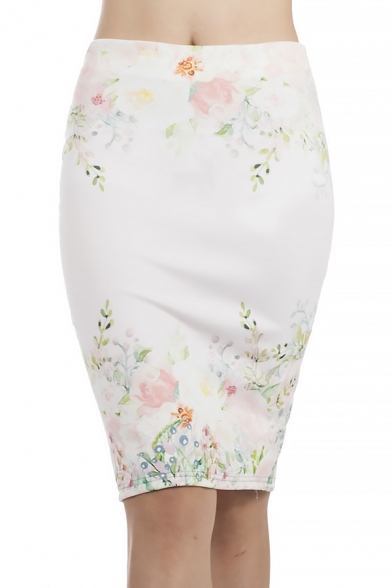 Summer New Trendy Floral Printed Slit Back Mini White Bodycon Skirt