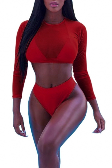 Summer Sexy Sheer Mesh Long Sleeve Cropped Top Three-Piece Bikini Set for Women