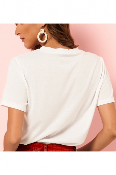 Summer Unique Cool Abstract Figure Print Beading Embellished Short Sleeve Basic White Tee