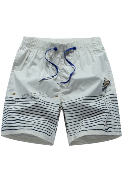Summer Wave Fish Printed Zip Pocket Side Drawstring Waist Mens Cotton Swim Shorts