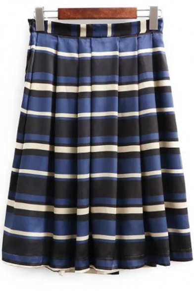 Trendy Blue Stripe Pattern Midi A-Line Crinkled Pleated Skirt