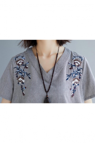 Trendy Embroidered Floral Print V Neck Short Sleeve Oversized Linen Tee