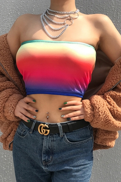 Unique Rainbow Ombre Tie Dye Summer Sleeveless Cropped Bandeau Top