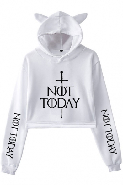 Unique Sword Letter NOT TODAY Cat Ear Design Long Sleeve Pullover Cropped Hoodie