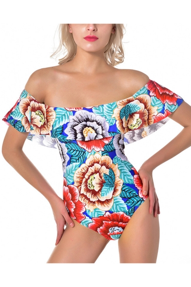 Vintage Fashion Floral Pattern Ruffle Hem Off the Shoulder Blue One Piece Swimsuit