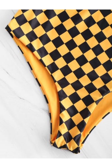 Women's Awesome Unique Yellow Checkerboard Print Bow Tied Straps Plunging Neck Maillot One Piece Swimsuit