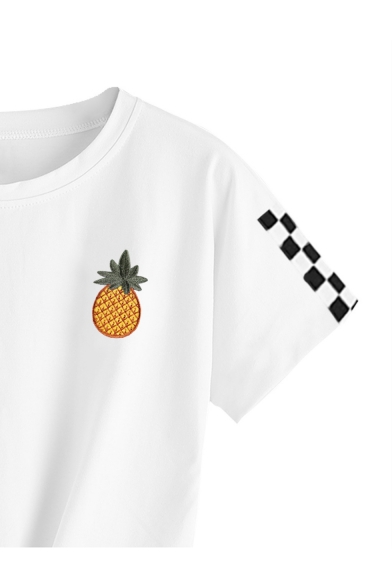 Women's Funny Pineapple Pattern Plaid Round Neck Short Sleeve Bow Tie Detail Cropped T-Shirt