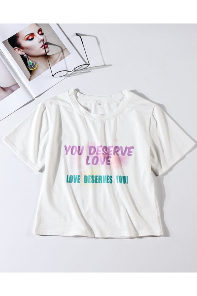 Women's Funny YOU DESERVE LOVE Letter Tie-dyed Printed Round Neck Short Sleeve Cropped White Tee