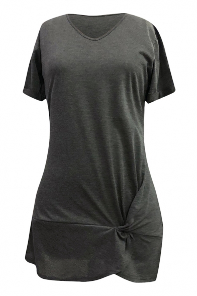 Women's V-Neck Short Sleeve Solid Color Mini Asymmetric Hem Dress