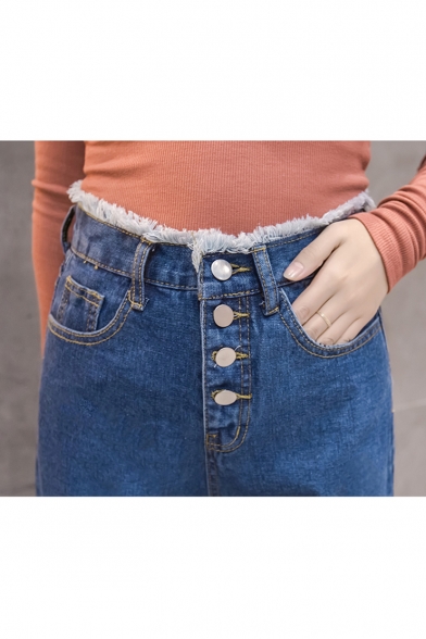 Women's New Trendy Button-Fly Tied Waist Blue Wide-Leg Jeans