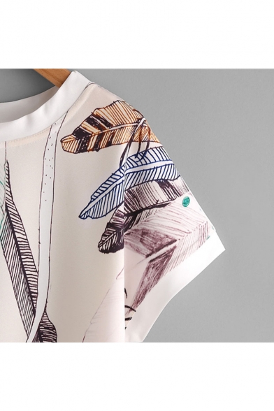Women 's New Trendy Feather Printed Round Neck Short Sleeve Khaki Chiffon Tee