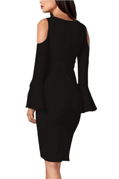 Women's New Trendy Plain Printed Cold Shoulder Button Detail Mini Bodycon Slit Dress