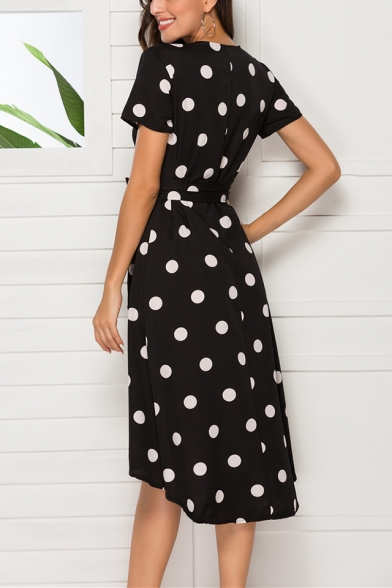 Women's Sexy V-Neck Short Sleeve White Polka Dot Pattern Bow-Yied Waist Midi Black Wrap Dress