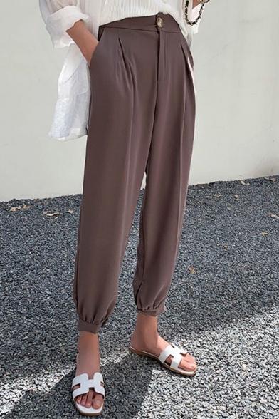 Women's Simple Plain High Rise Gathered Cuff Casual Loose Straight Bloomer Pants
