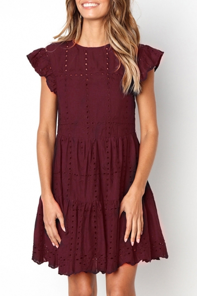 Women's Solid Color Chic Ruffle Sleeve Round Neck Hollow Out Mini A-Line Dress