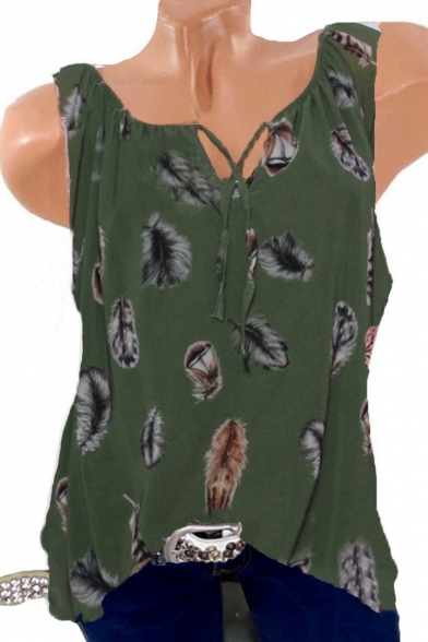 Women's Summer Fashion Allover Feather Printed Tied Collar Sleeveless Tank Top