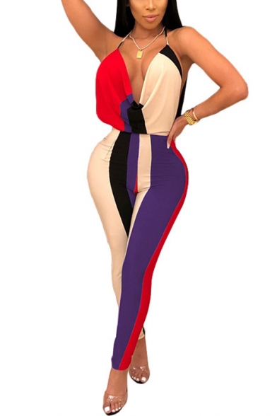 Women's Summer Hot Fashion Color Block Plunge Neck Spaghetti Strap Casual Jumpsuits