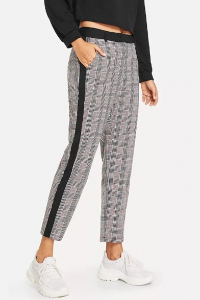 Women's Trendy Gray Plaid Pattern Casual Cropped Pants