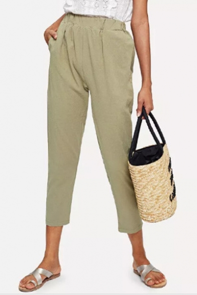 Women's Trendy Solid Color Army Green Elastic Waist Carrot Pants 