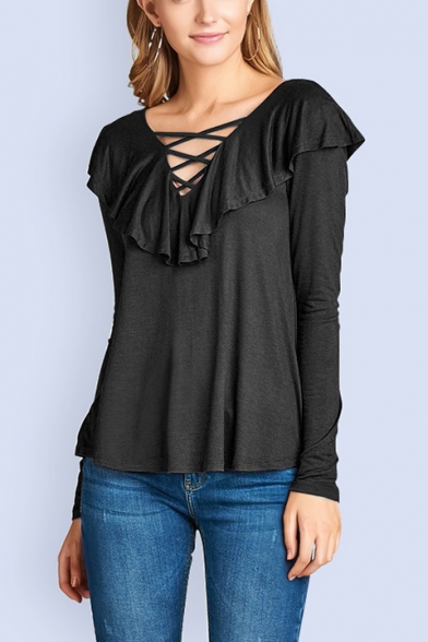 Womens Basic Solid Color Crisscross V-Neck Ruffled Hem Long Sleeve T-Shirt
