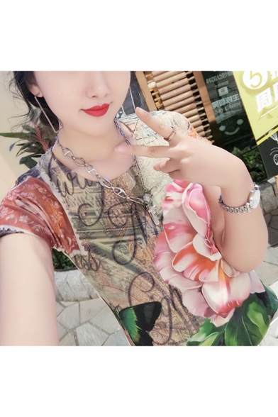Womens Floral Print Round Neck Short Sleeve Slim Fit T-Shirt
