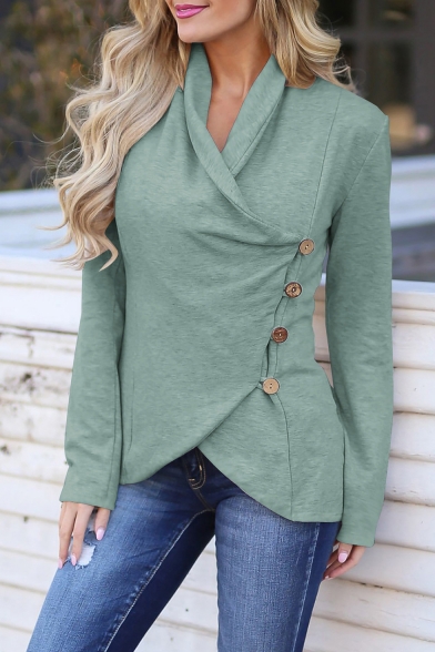 Womens Hot Fashion Solid Color Long Sleeve Button Side Irregular T-Shirt