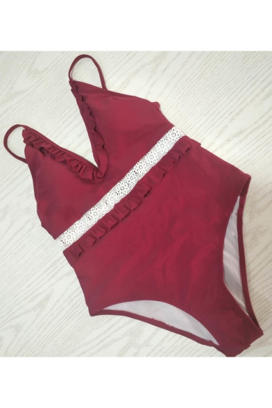 Womens New Fashion Lace Trimmed Ruffle Hem Plunged Neck One Piece Swimsuit in Burgundy