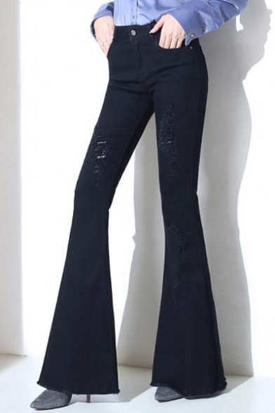 Womens New Trendy Destroyed Ripped Bleach Slim Fit Flared Jeans
